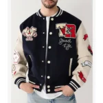 Model wearing True Religion Spliced Varsity Jacket front view