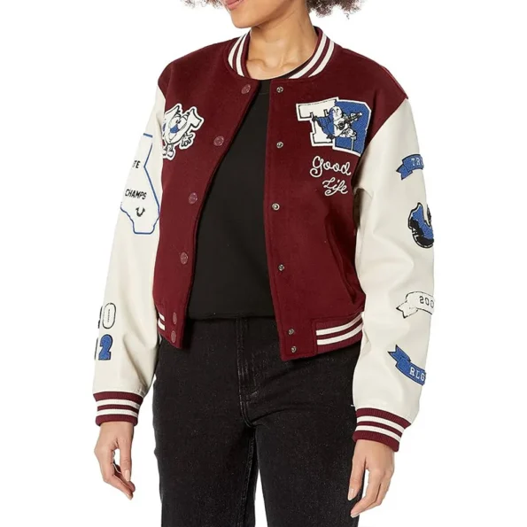 Model wearing True Religion Spliced Varsity Jacket front view