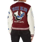 Model in True Religion Spliced Varsity Jacket Front