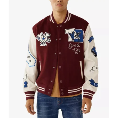 Model wearing True Religion Spliced Varsity Jacket front view