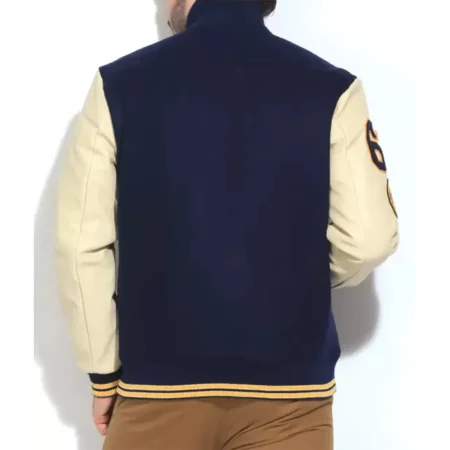 Model wearing UCLA Nineteen Varsity Jacket back view