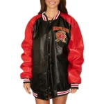 Model wearing University of Maryland Red Varsity Jacket front