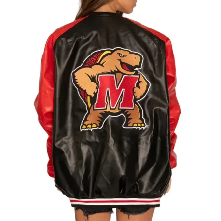 Model wearing University of Maryland Red Varsity Jacket back