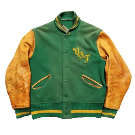 Front view of USF Green and Tan Varsity Jacket