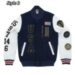 Model in USA Dream Team Destroyed Varsity Jacket Front