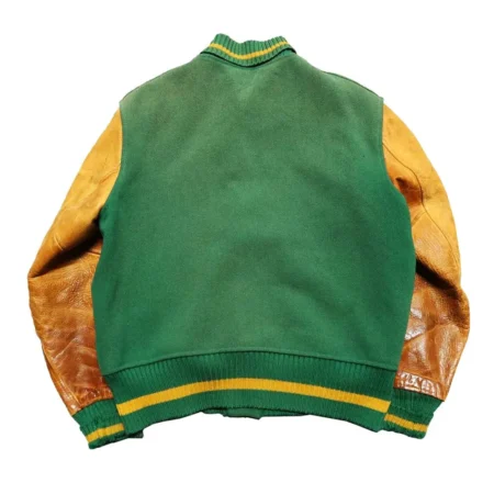 Back view of USF Green and Tan Varsity Jacket