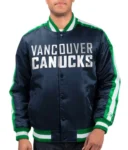 Model wearing Vancouver Canucks O-Line Varsity Jacket front view