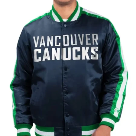 Model wearing Vancouver Canucks O-Line Varsity Jacket front view