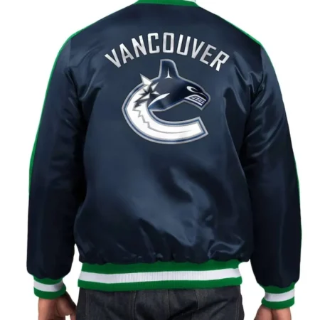 Model wearing Vancouver Canucks O-Line Varsity Jacket back view