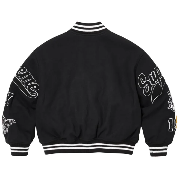 Back view of Veritas Varsity Jacket with bold logo