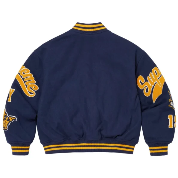 Back view of Veritas Varsity Jacket with bold logo