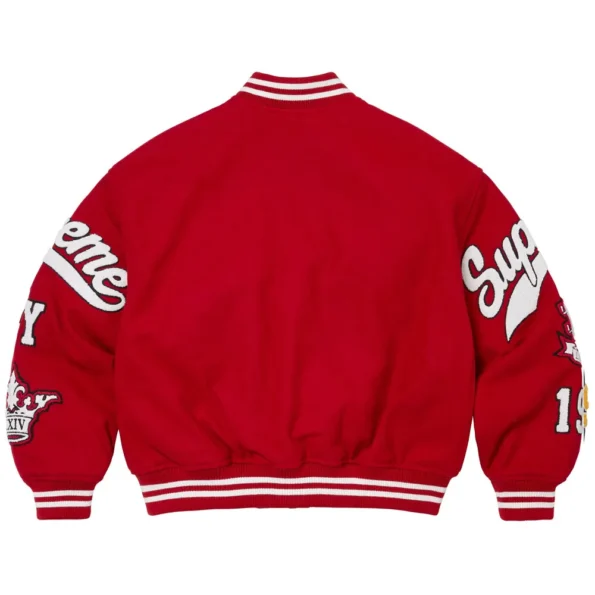 Back view of Veritas Varsity Jacket with bold logo