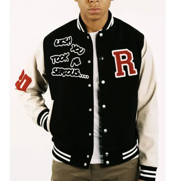 Model wearing Wish You Took Me Serious Varsity Jacket front view