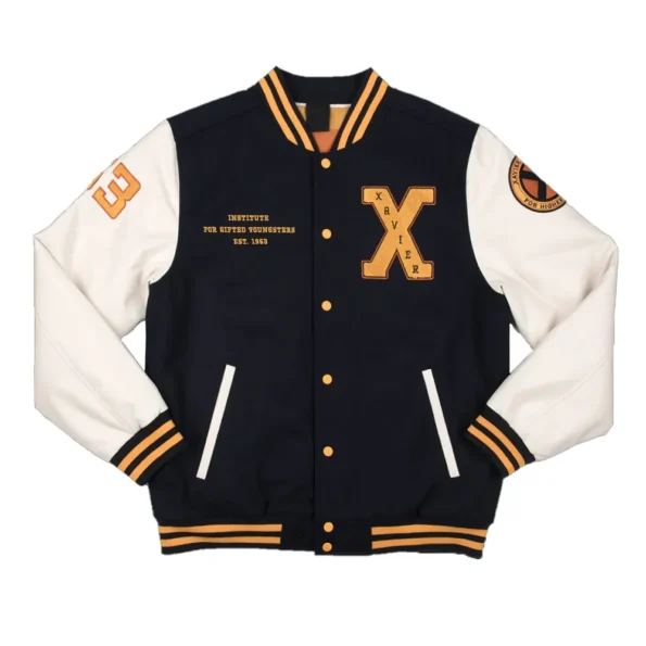 Front view of Xavier Institute Black Varsity Jacket