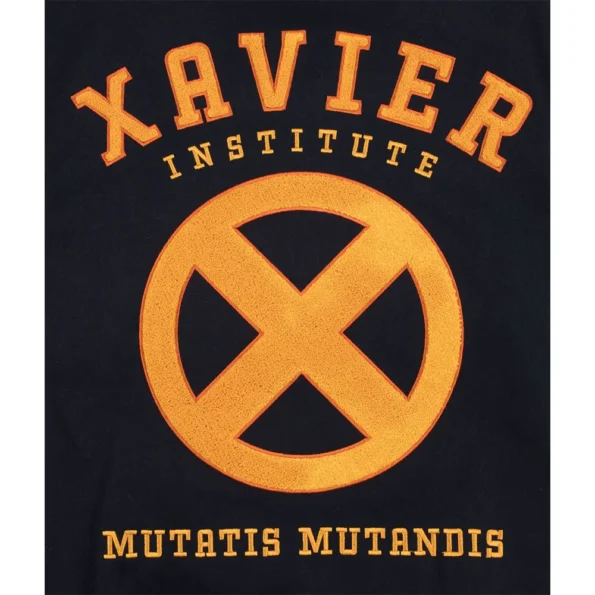 Close-up of Xavier Institute Black Varsity Jacket details