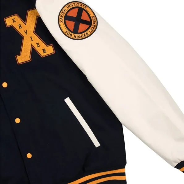 Close-up of Xavier Institute Black Varsity Jacket details