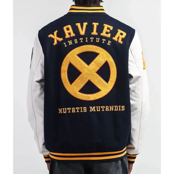 Model wearing Xavier Institute Black Varsity Jacket back