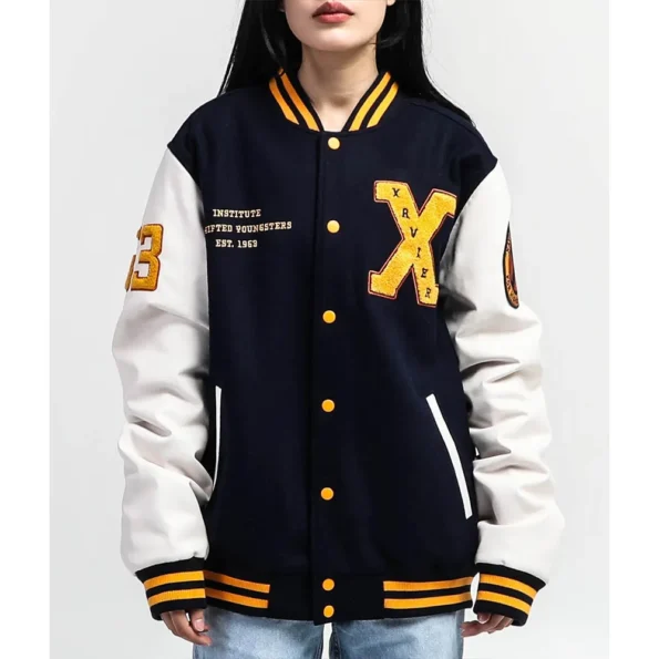 Model wearing Xavier Institute Black Varsity Jacket front