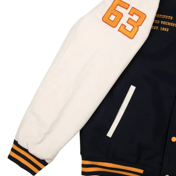 Close-up of Xavier Institute Black Varsity Jacket details