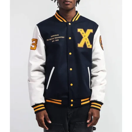 Model wearing Xavier Institute Black Varsity Jacket front