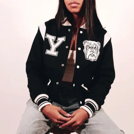 Model wearing Yale University Varsity Jacket front