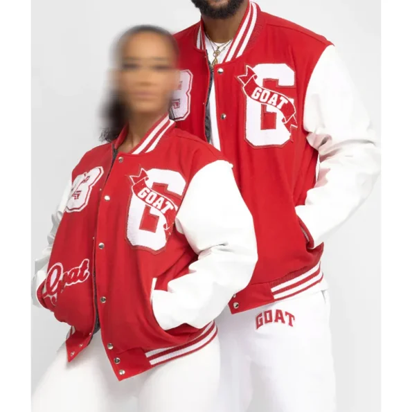 Model wearing Goat 23 Varsity Jacket front view