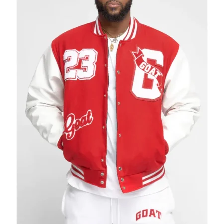 Model wearing Goat 23 Varsity Jacket front view