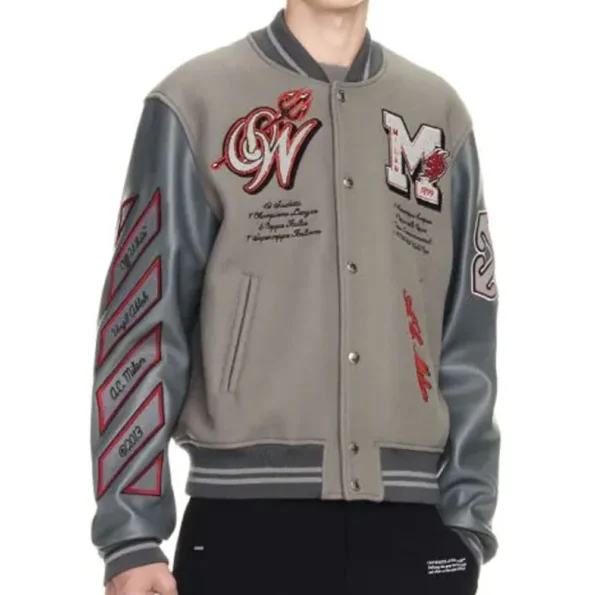 Model wearing AC Milan Logo Gray Varsity Jacket front view