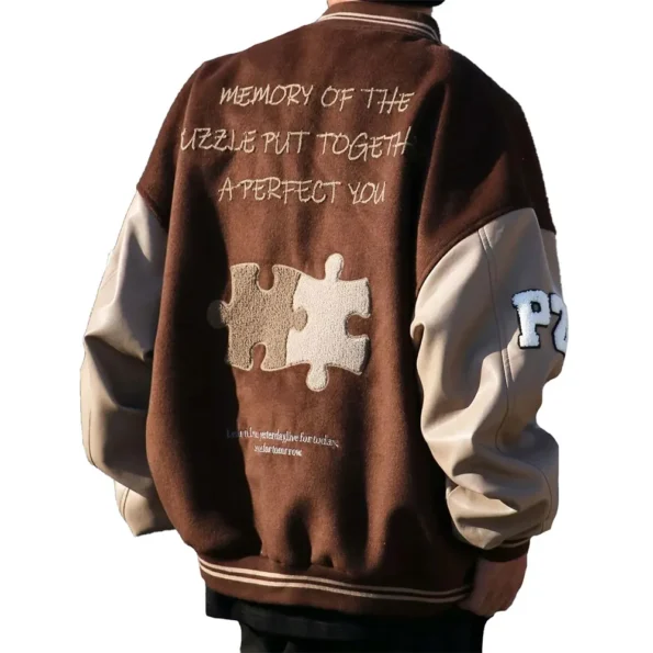 Model wearing Achock Brown Varsity Jacket back view