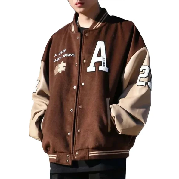 Model wearing Achock Brown Varsity Jacket front view