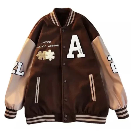 Front view of Achock Brown Varsity Jacket