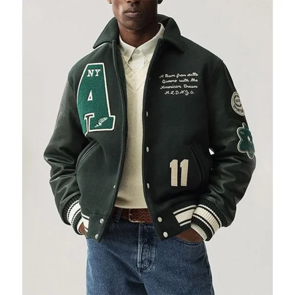 Model wearing Chess Club Varsity Jacket front view