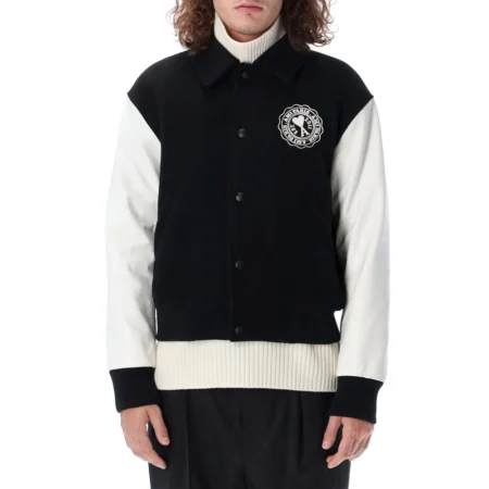 Model wearing Ami Black and White Varsity Jacket front view