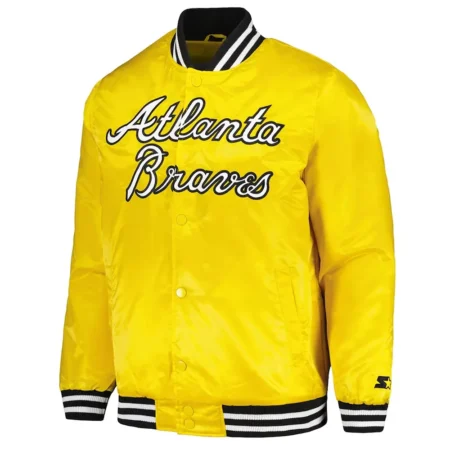 Front view of Atlanta Braves Gold Varsity Satin Jacket