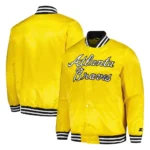 Front and back view of Atlanta Braves Gold Varsity Satin Jacket