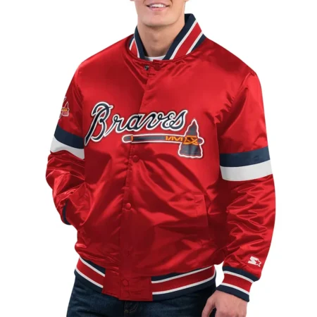 Front view of Atlanta Braves Red Varsity Satin Jacket