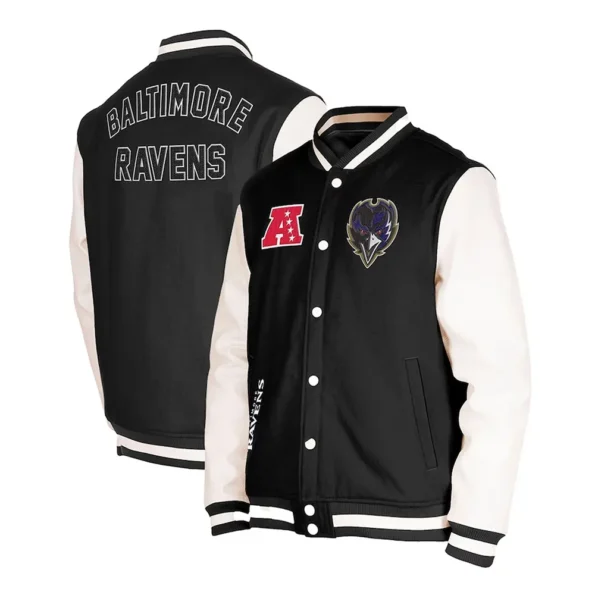 Front and back view of Baltimore Ravens Varsity Jacket