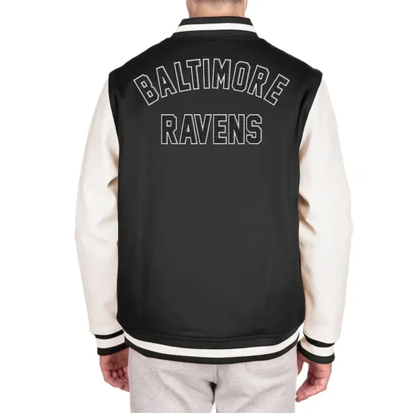 Model wearing Baltimore Ravens Varsity Jacket back view