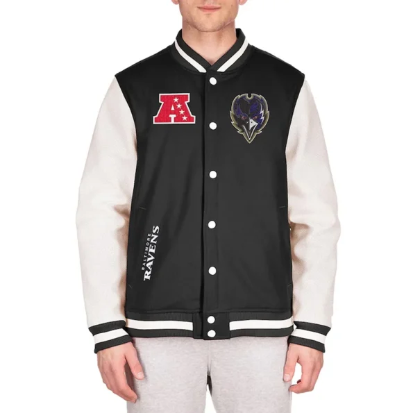 Model wearing Baltimore Ravens Varsity Jacket front view