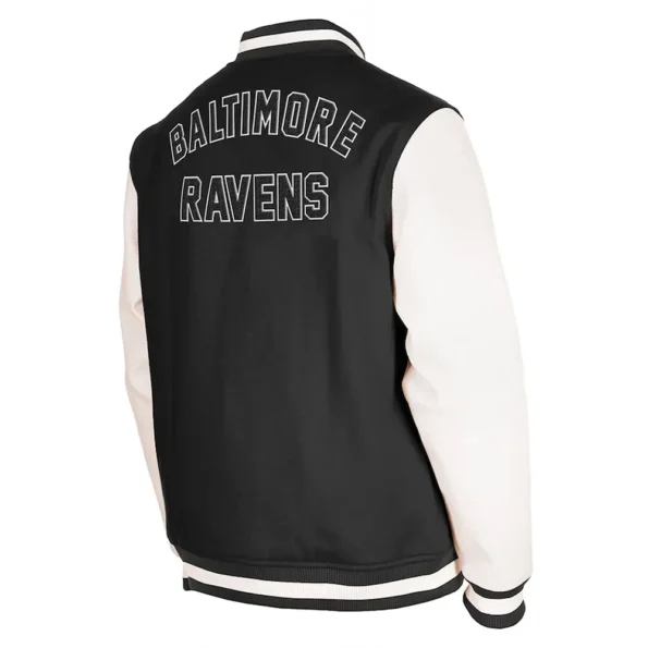 Back view of Baltimore Ravens Third Down Varsity Jacket