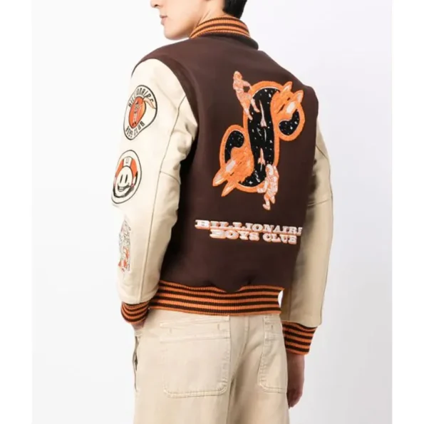 Side view of model in BBC Logo Embroidery Varsity Bomber Jacket