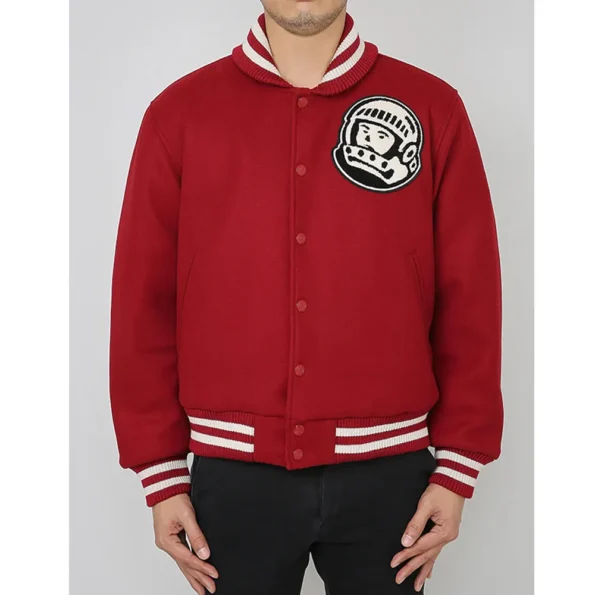 Model wearing Astro BBC Burgundy Varsity Jacket front view