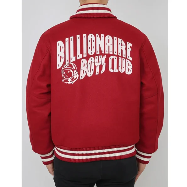 Model wearing Astro BBC Burgundy Varsity Jacket back view