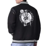 Model in Boston Celtics Clutch Varsity Jacket Front