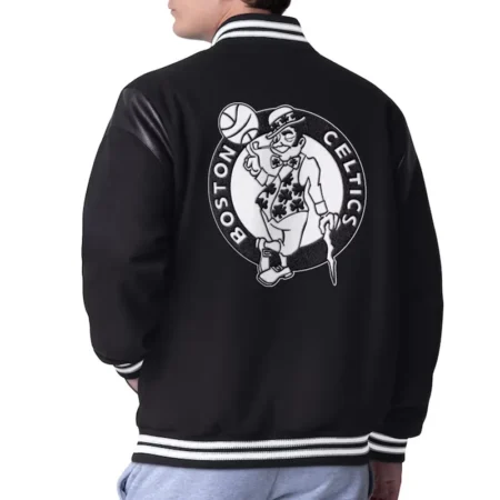 Back view of model in Boston Celtics Clutch Varsity Jacket