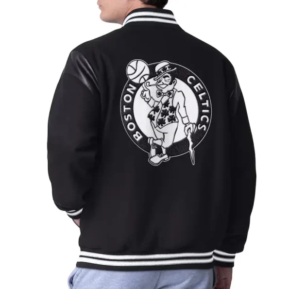 Back view of model in Boston Celtics Clutch Varsity Jacket