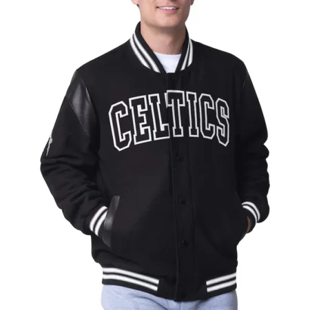 Model wearing Boston Celtics Clutch Varsity Jacket front view