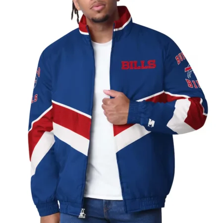 Model wearing Buffalo Bills Captain Varsity Jacket front view