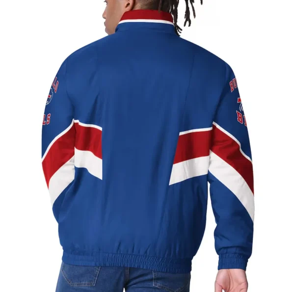 Model wearing Buffalo Bills Captain Varsity Jacket back view