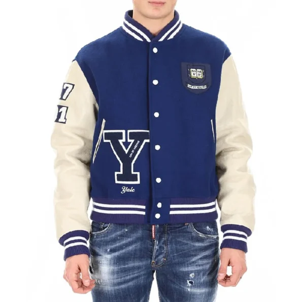 Model wearing Calvin Klein Yale Varsity Jacket front view